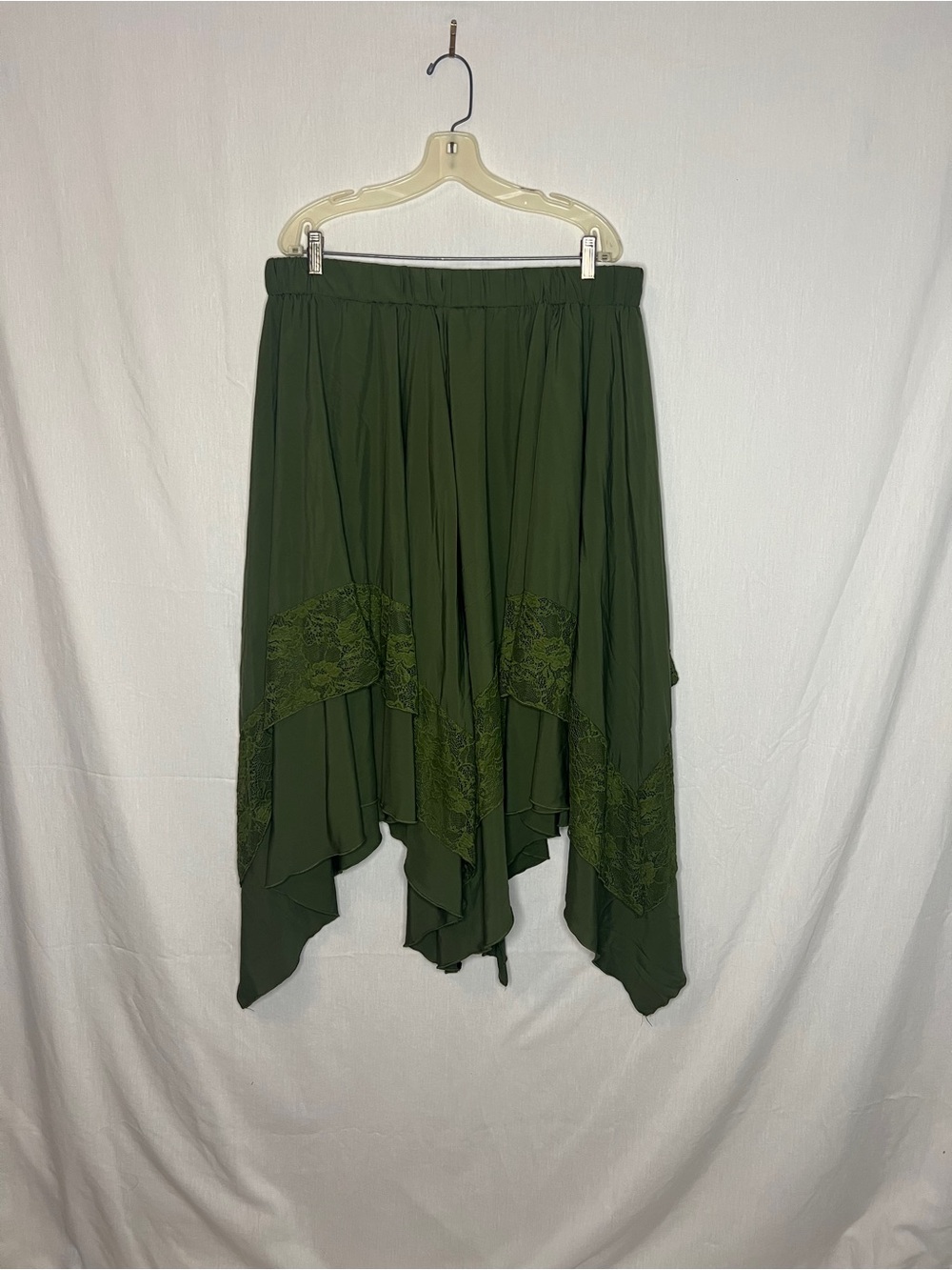 Olive Green Boho Handkerchief Hem Skirt Lace Trim Elastic Waist Fairycore